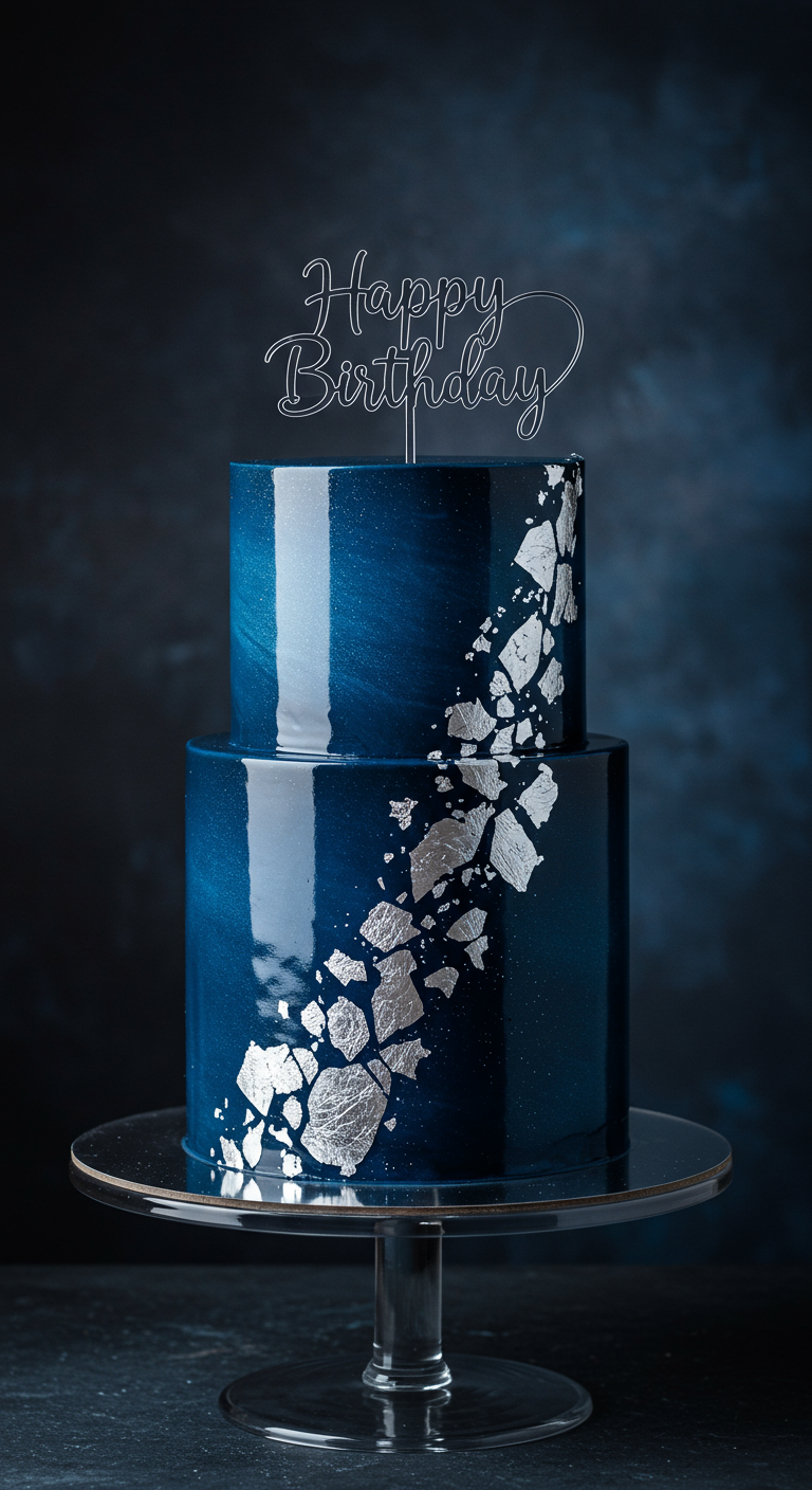 Zweistöckige Torte mit dunkelblauer Hochglanz-Glasur und Silberblatt-Akzenten.