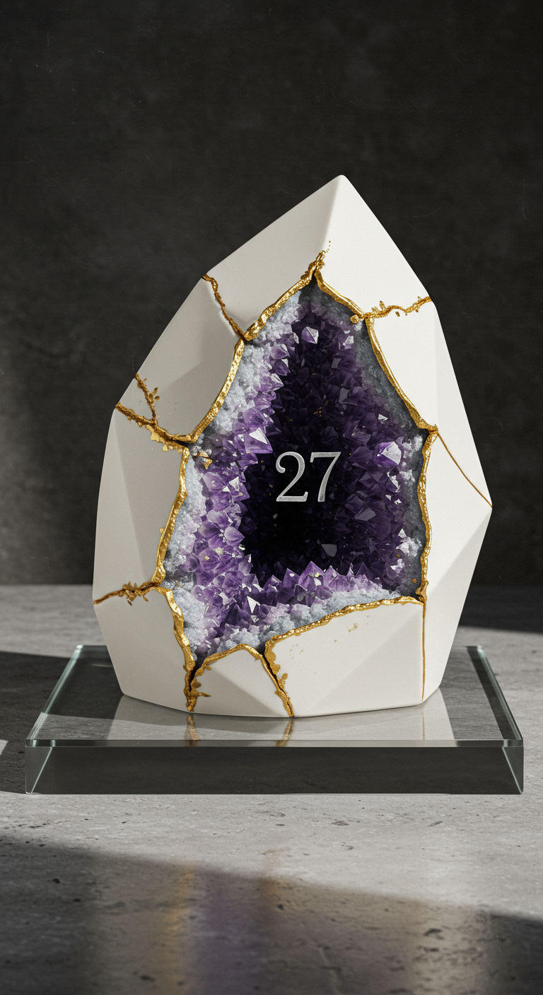 Weiße, geometrische Torte aufgebrochen wie eine Amethyst-Geode mit Zahl 27.
