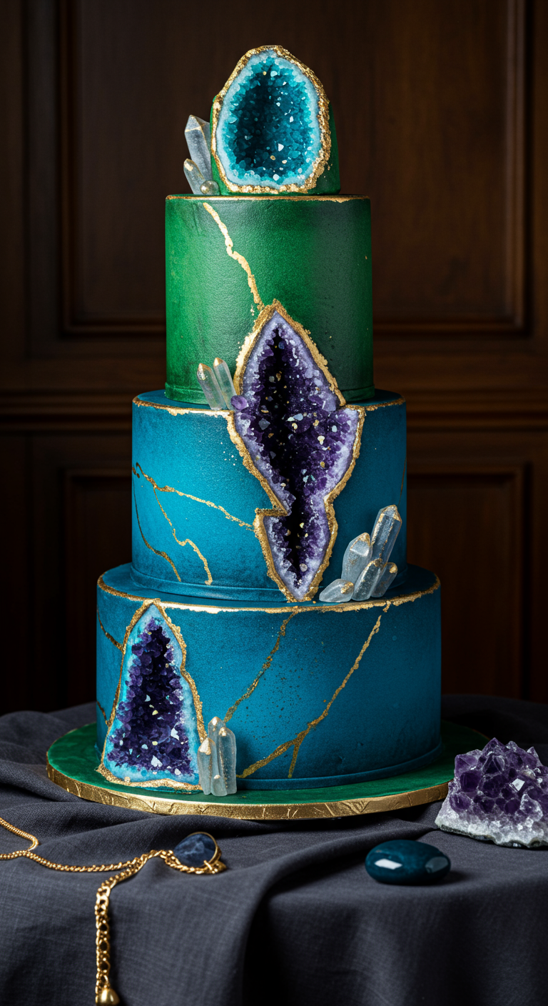 Dreistöckige Geoden-Torte in Grün und Blau mit lila Kristall-Effekten und Goldakzenten.