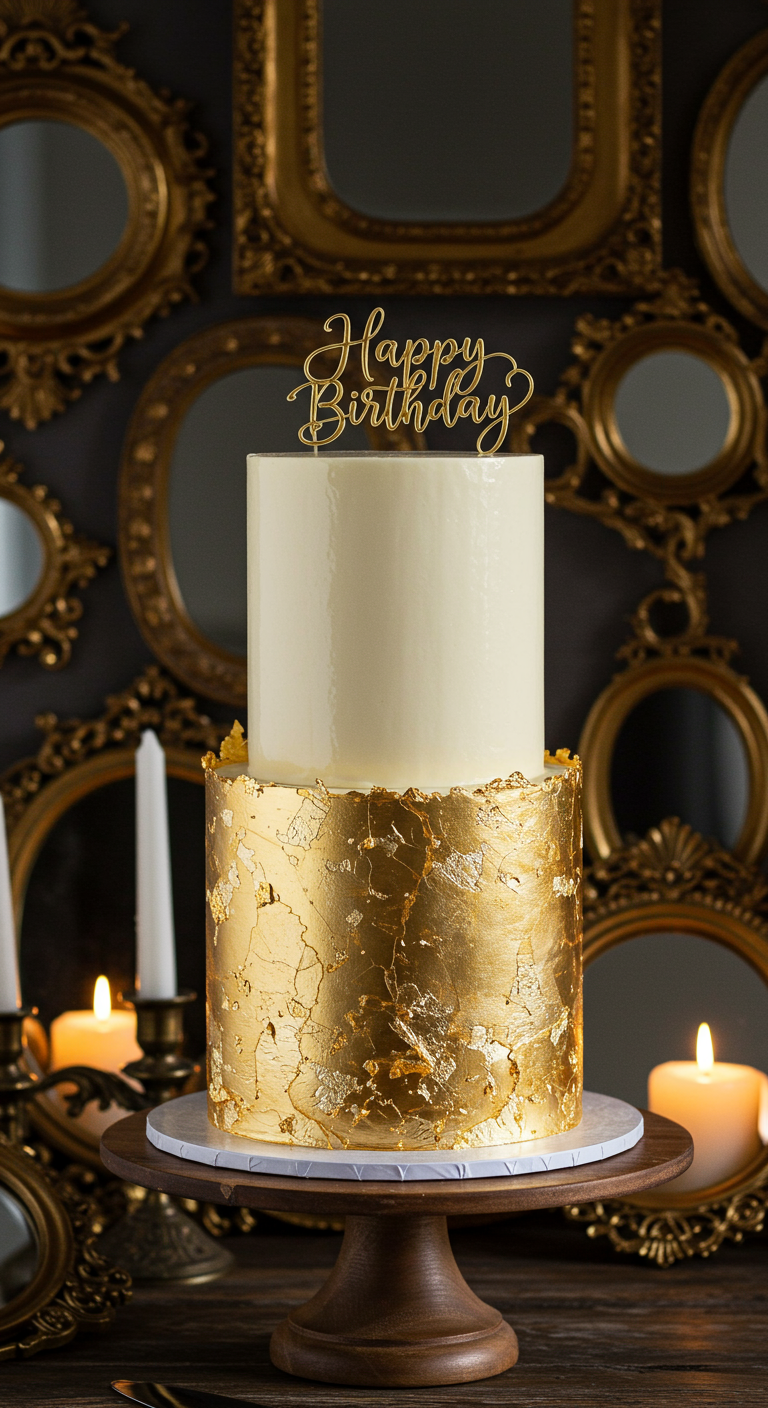 Zweistöckige Torte: untere Etage komplett in Gold, obere weiß, mit 'Happy Birthday' Topper.