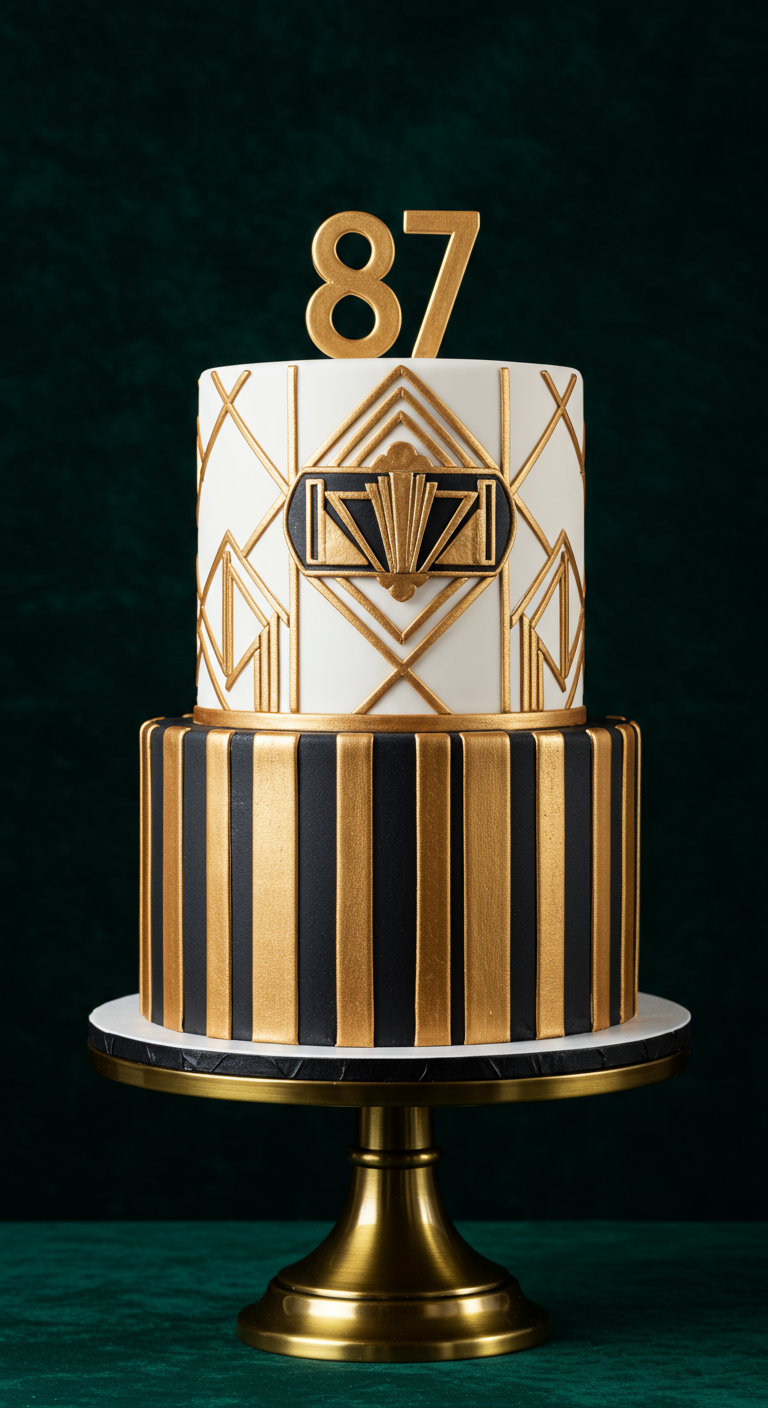 Zweistöckige Torte im Art-déco-Stil mit schwarzen, weißen und goldenen Elementen.