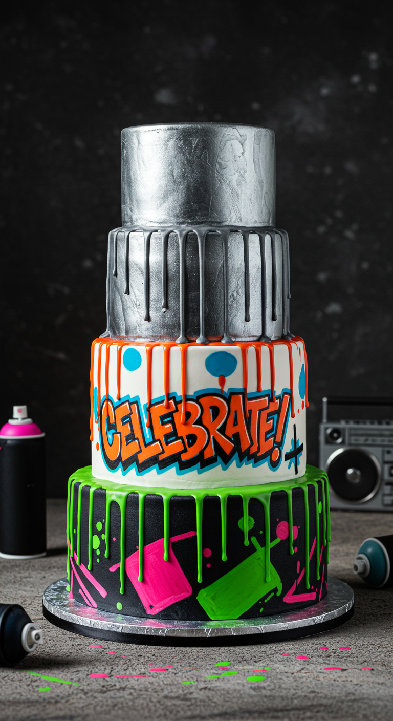 Mehrstöckige Torte mit Graffiti-Schriftzügen, Neon-Drips und Silber-Optik.