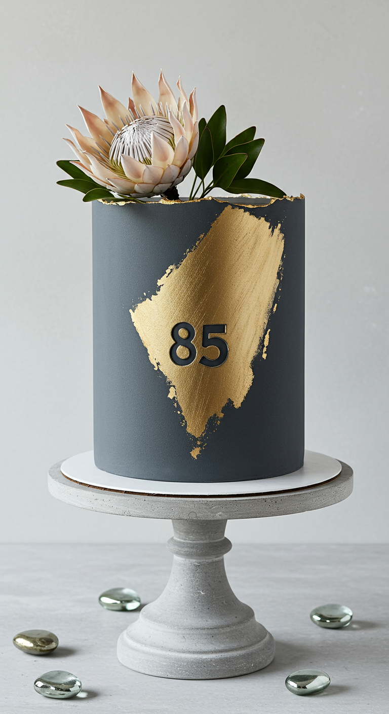 Graue, zylindrische Torte mit breitem goldenen Pinselstrich, schwarzer 85 und Protea-Blüte.
