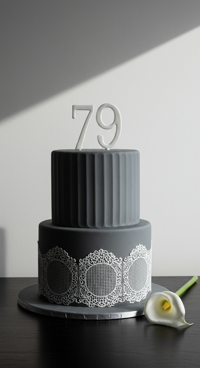 Zweistöckige graue Torte, obere Etage gerillt, untere mit weißem Spitzenmuster, Zahl 79.