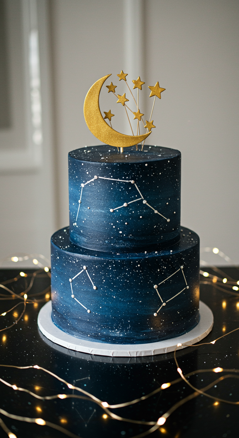 Zweistöckige dunkelblaue Torte mit Sternenhimmel-Motiv und goldenem Mond-Topper.