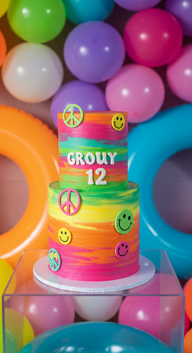 Zweistöckige Torte in leuchtenden Neon-Regenbogenfarben mit Peace-Zeichen und Smileys.