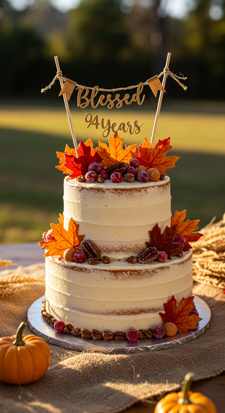 Zweistöckige Semi-Naked-Torte mit Herbstlaub, Nüssen und Beeren.