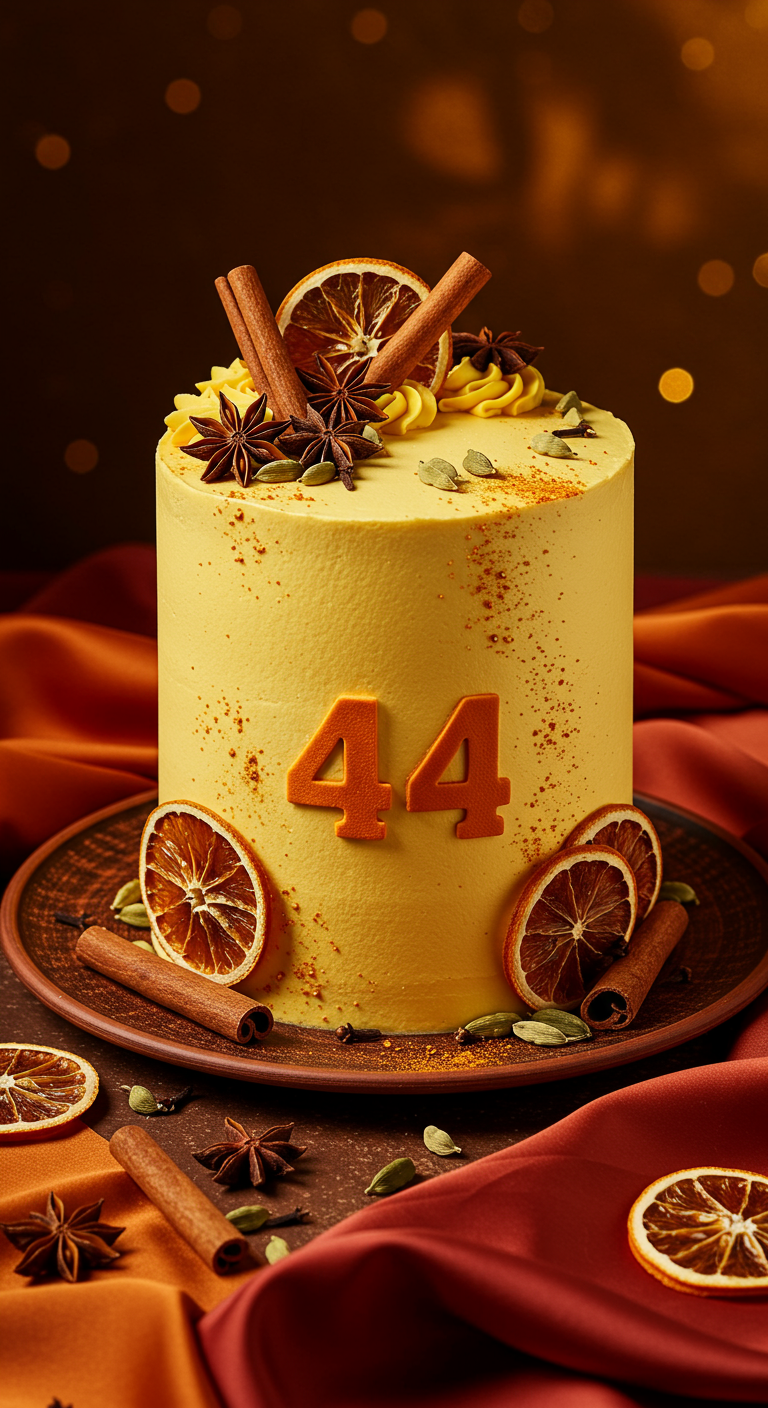 Gelbe Torte dekoriert mit getrockneten Orangenscheiben, Zimtstangen, Sternanis und Zahl 44.