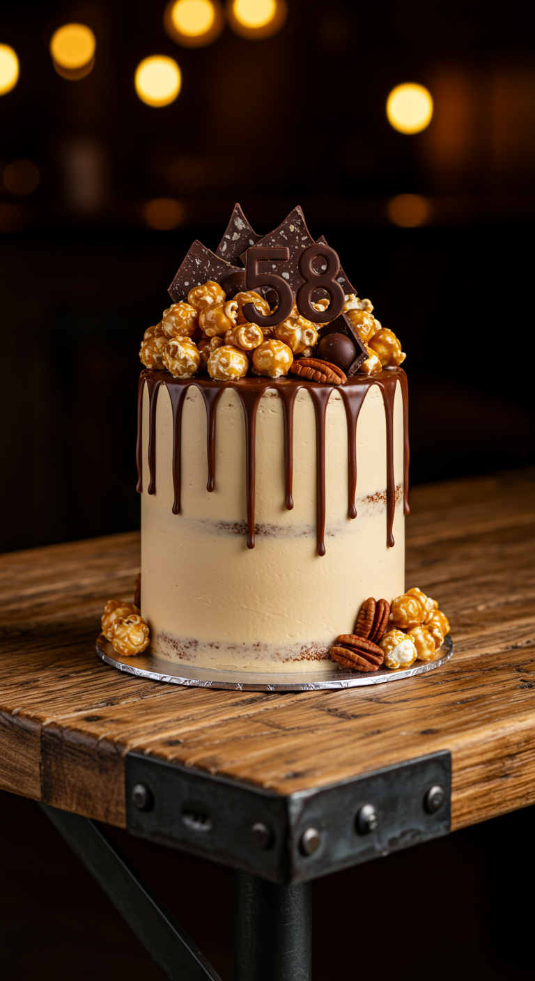 Helle Torte mit Schokoladen-Drip, getoppt mit Karamell-Popcorn, Nüssen und Zahl 58.