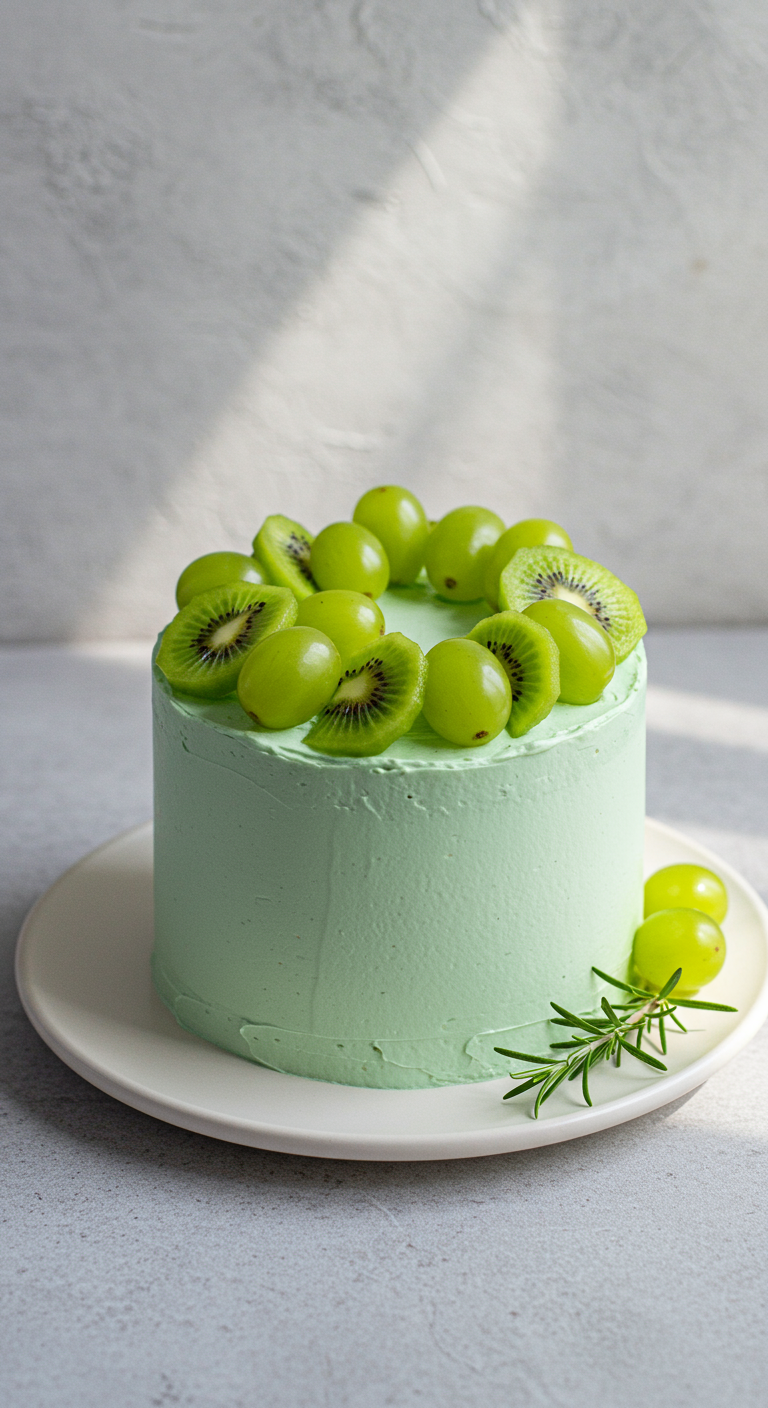 Hellgrüne Torte mit Kiwi, Trauben und Rosmarin dekoriert.