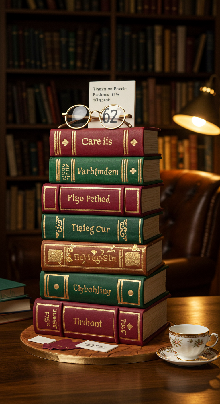 Hohe Torte als Bücherstapel in Rot- und Grüntönen mit goldener Schrift und Lesebrille.