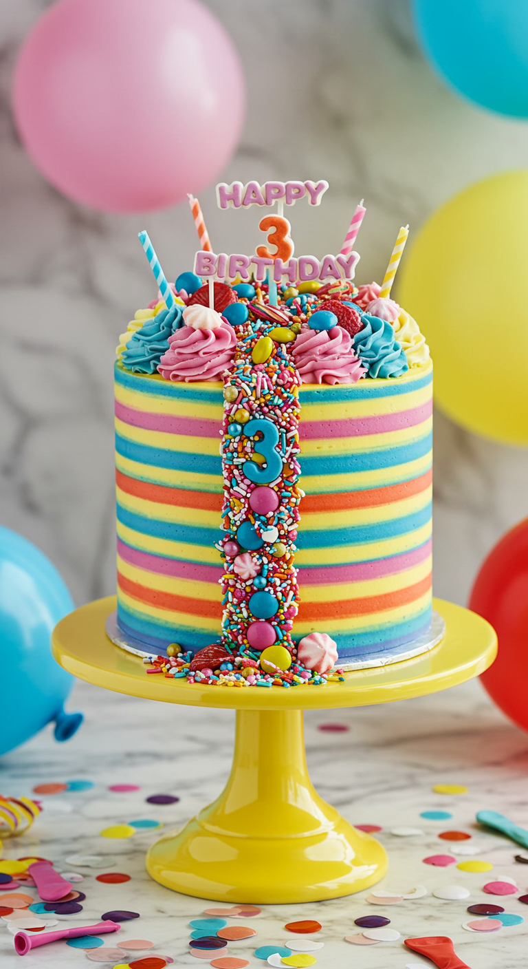 Bunt gestreifte Torte mit Süßigkeiten-Wasserfall in der Mitte.