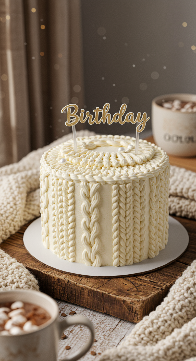 Weiße Buttercreme-Torte mit aufgespritztem Strickmuster-Design.