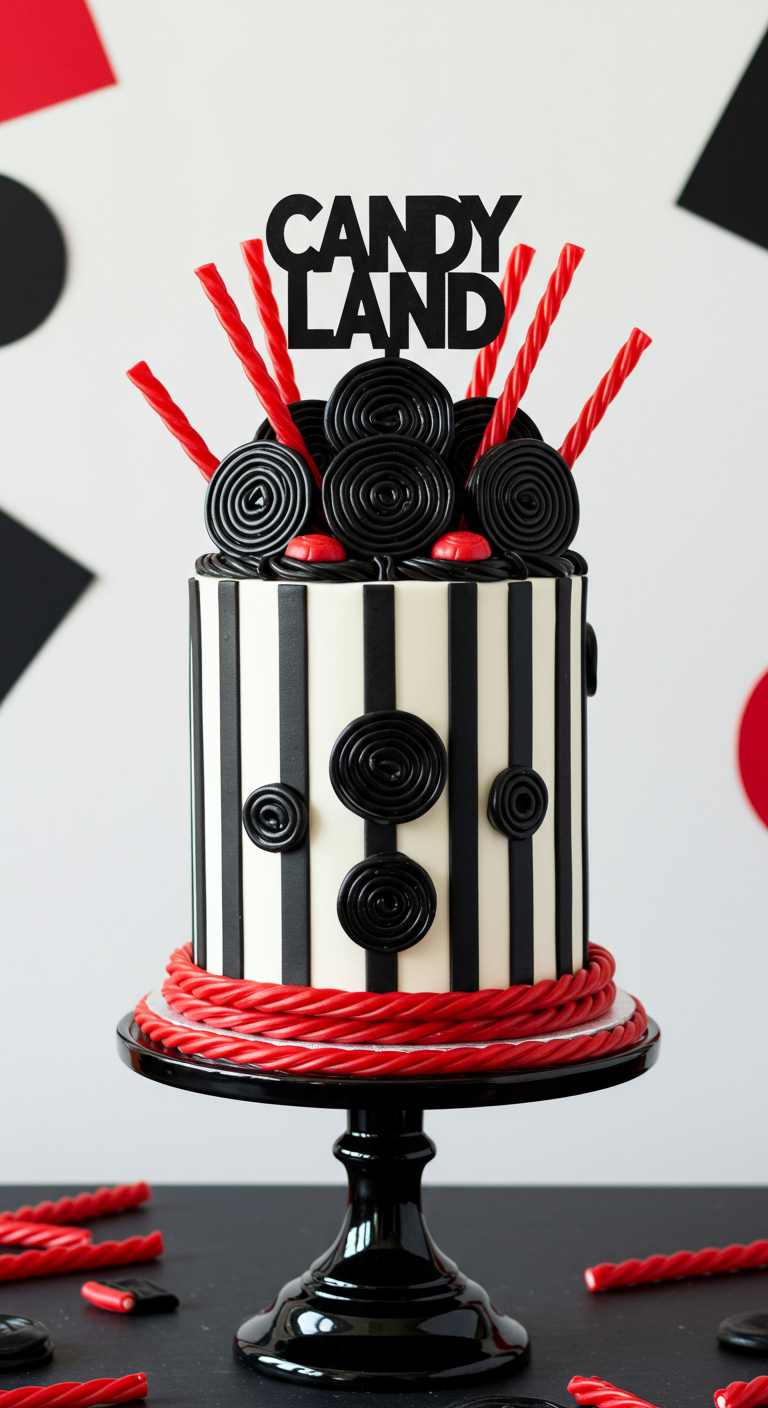 Schwarz-weiß gestreifte Torte mit Lakritzschnecken, Lakritzstangen und