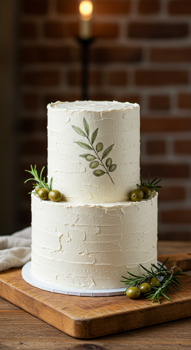 Zweistöckige weiße Torte im rustikalen Look mit gemaltem Olivenzweig und echten Oliven.