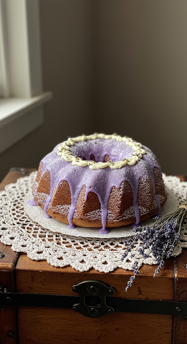 Lavendel-Gugelhupf mit lila Zuckerguss auf Spitzendeckchen.