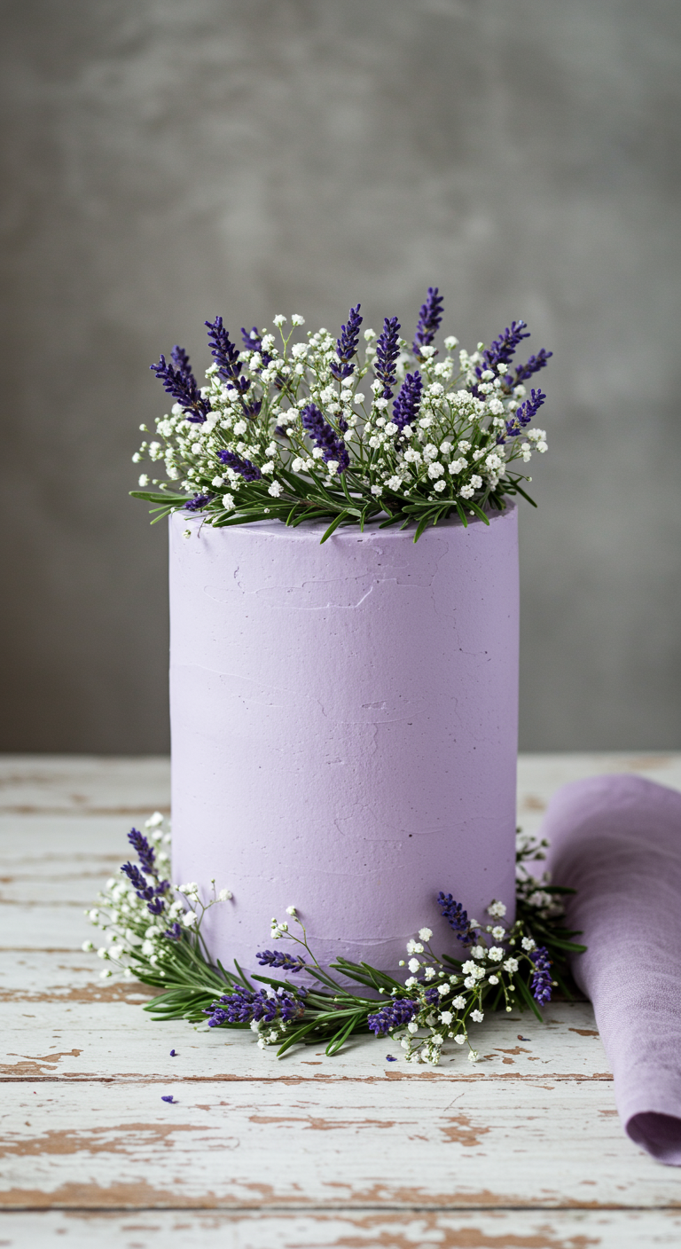 Hohe, lila eingestrichene Torte, dekoriert mit frischem Lavendel und Schleierkraut.