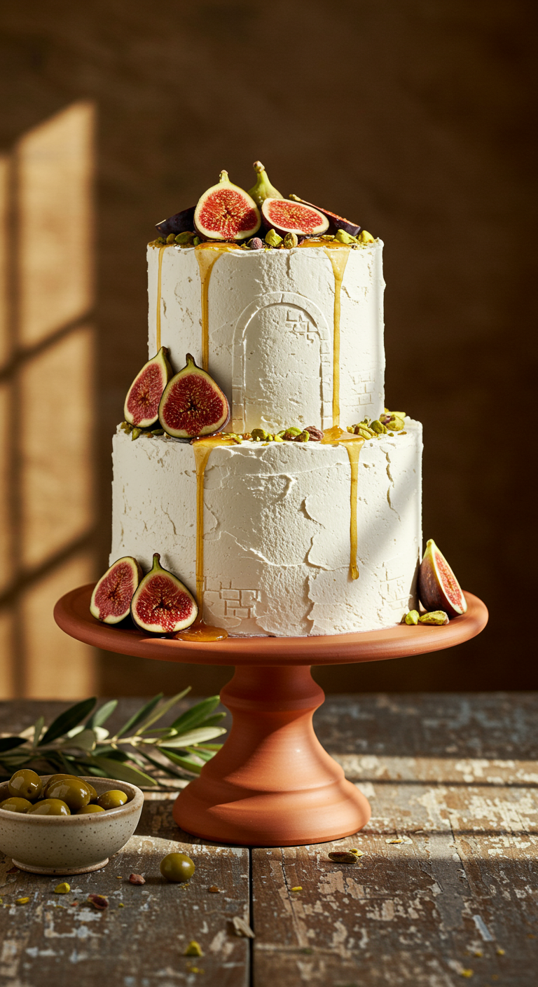 Zweistöckige weiße Torte mit Feigen, Pistazien und Honig-Drip.