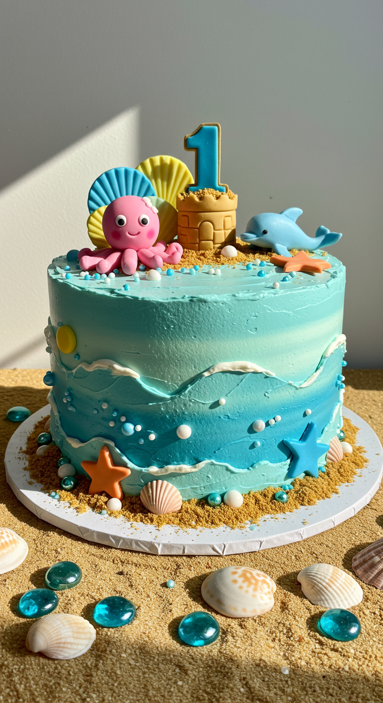 Blaue Meerestorte mit Oktopus, Delfin, Sandburg und Muscheln.