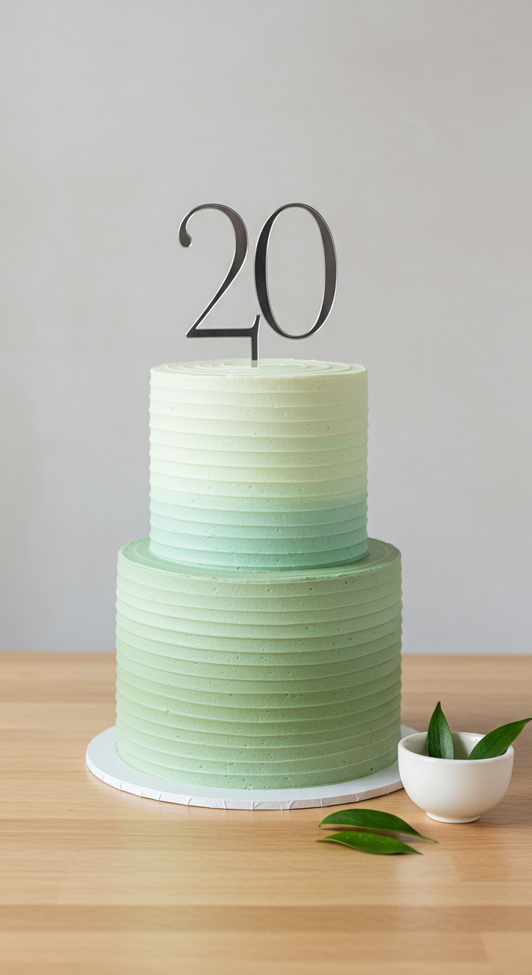 Zweistöckige mintgrüne Ombré-Torte mit horizontalen Rillen und einem „20“ Cake Topper.