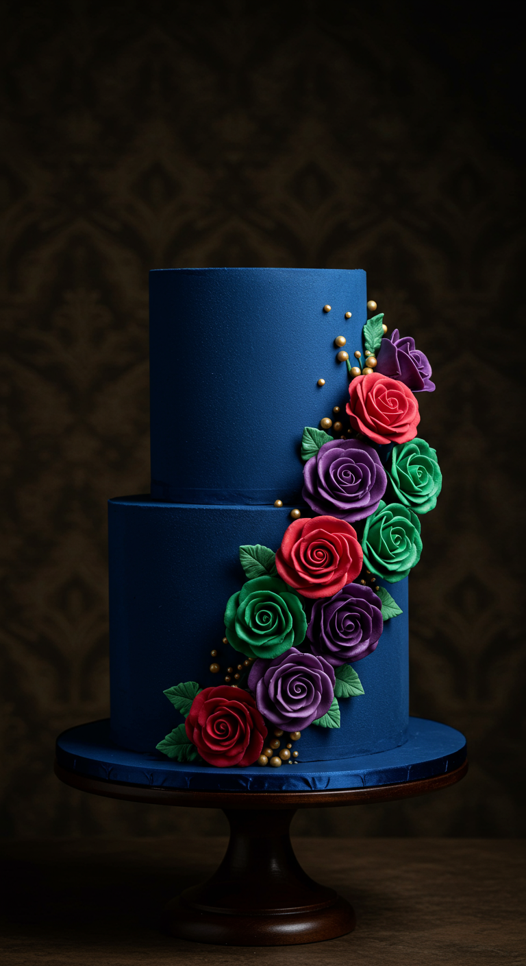 Zweistöckige, nachtblaue Fondant-Torte mit kaskadierenden bunten Rosen und goldenen Perlen.