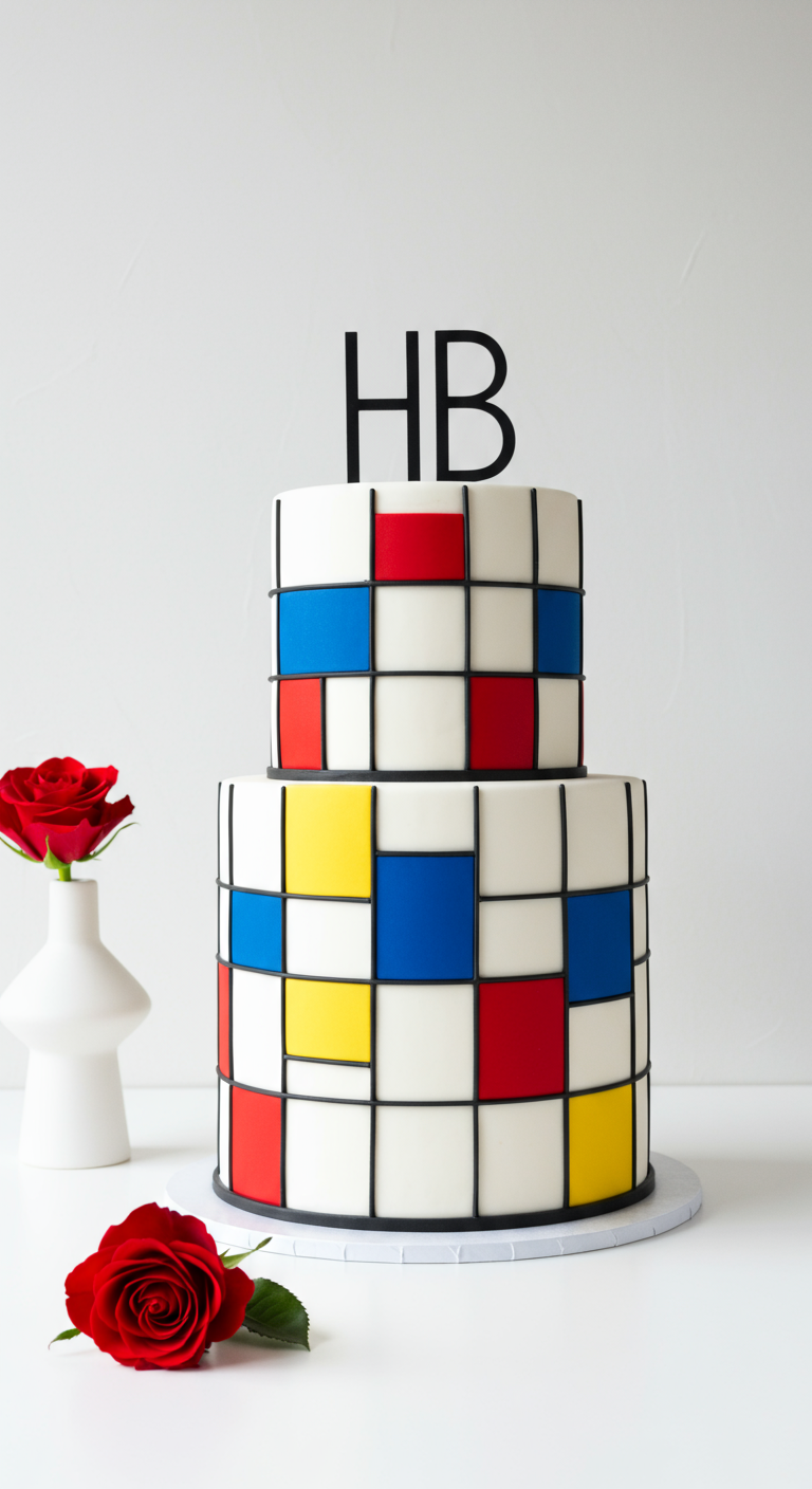 Zweistöckige Torte im Mondrian-Stil mit weißen Flächen, schwarzen Linien und roten, gelben, blauen Quadraten.