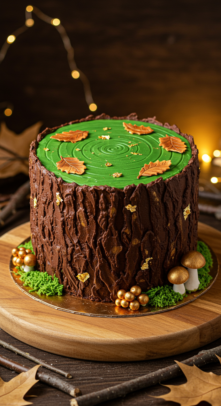 Baumstamm-Torte mit grüner Oberseite und Herbstblättern.