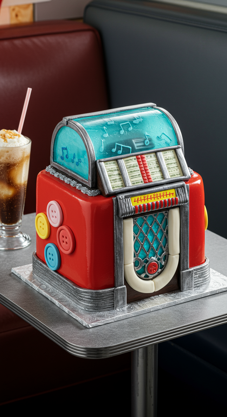 Detailreiche Jukebox-Torte in Rot mit bunten Knöpfen und Musiknoten.