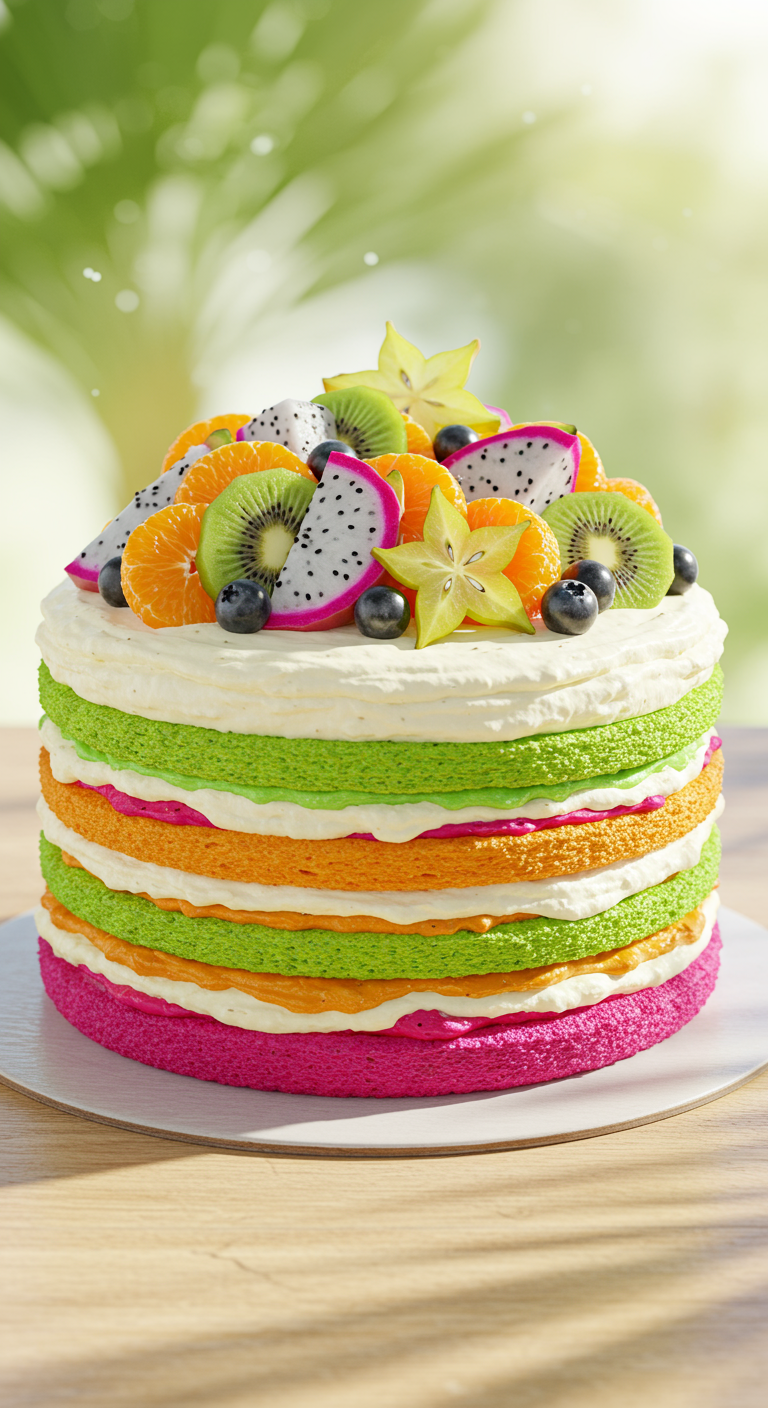 Mehrschichtige Naked Cake mit bunten Böden und frischen Früchten obendrauf.