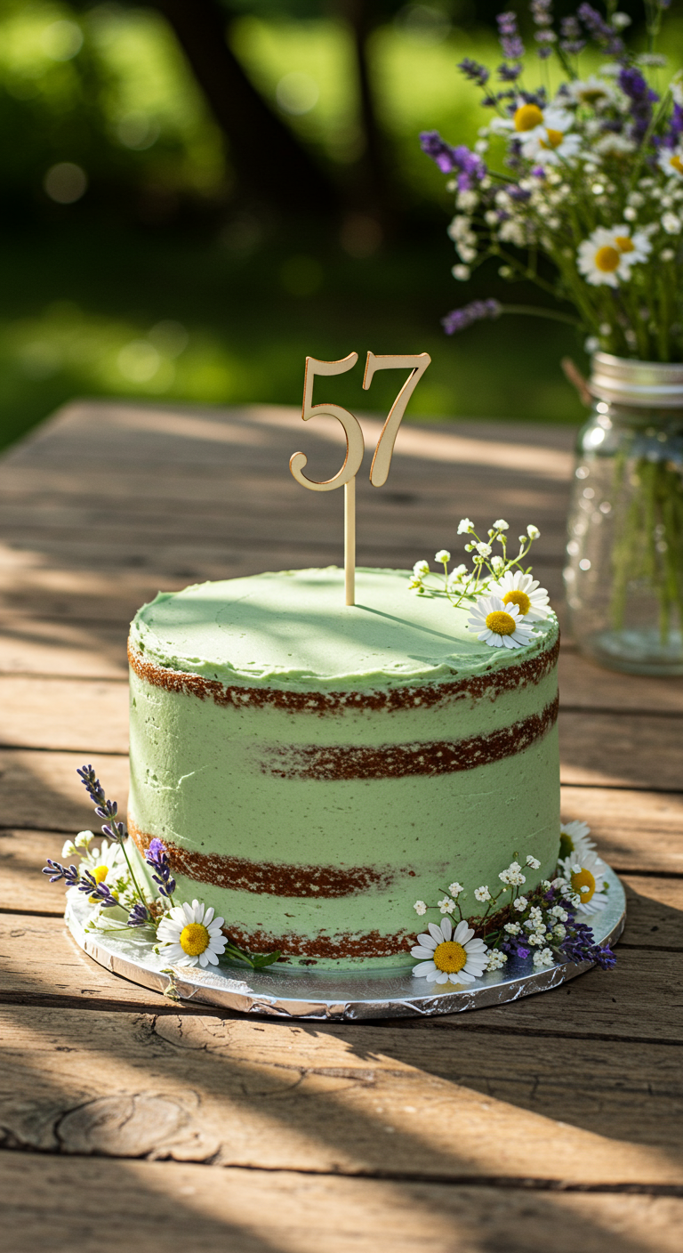 Semi-Naked-Cake mit hellgrüner Creme und frischen Gänseblümchen.