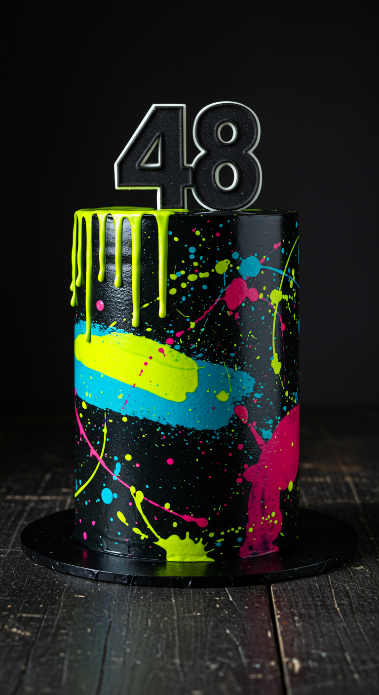 Schwarze Torte mit Neon-Farbspritzern, gelbem Drip und 48-Topper.