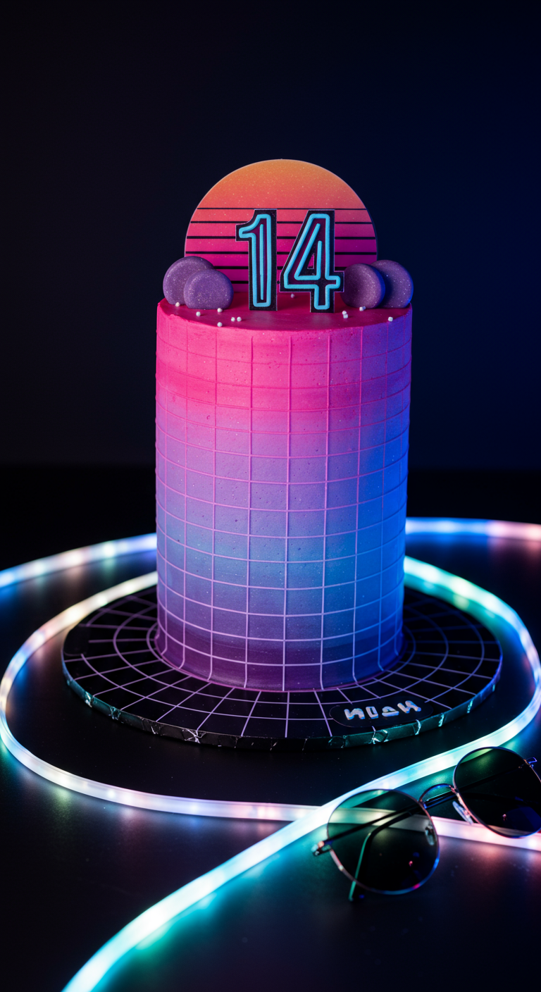 Zylindrische Torte mit pink-blauem Neon-Farbverlauf und Gittermuster.