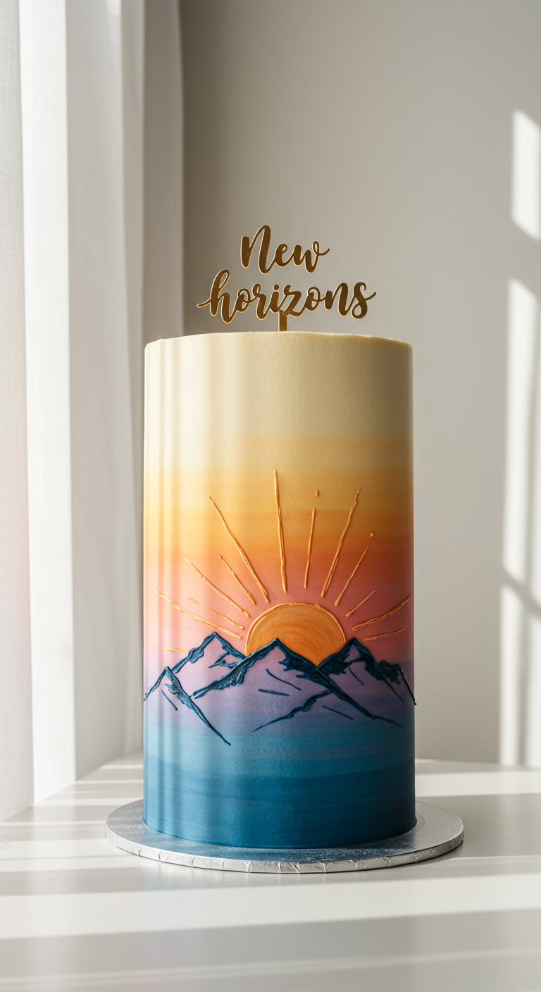 Hohe Torte mit gemaltem Sonnenaufgang über Bergen in Buttercreme.