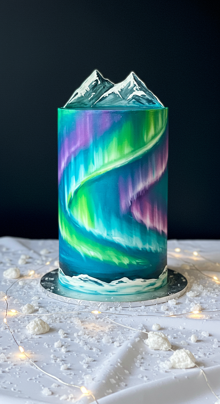 Hohe Torte mit Aurora Borealis Effekt und Berg-Topper.