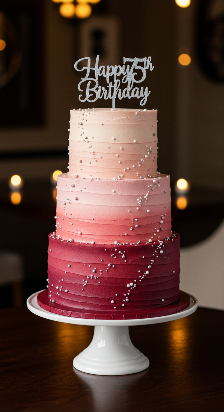 Dreistöckige Torte mit Farbverlauf von Dunkelrot zu Hellrosa, dekoriert mit Zuckerperlen.