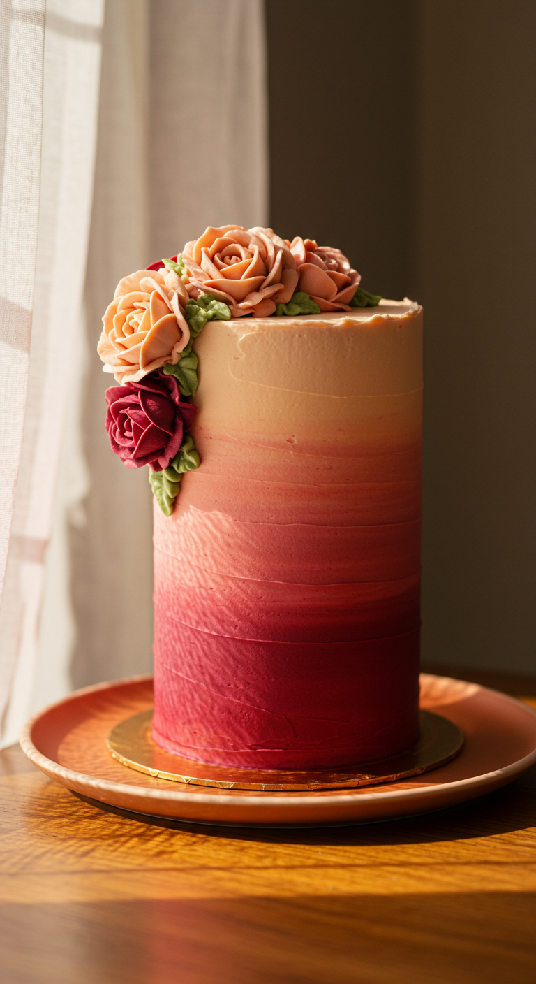 Hoher Kuchen mit rot-rosa Ombré-Buttercreme und Buttercreme-Blumen obenauf.