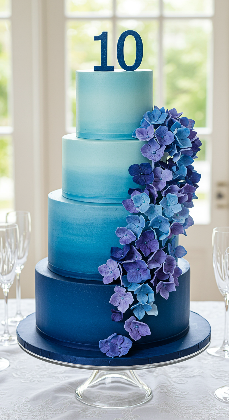 Vierstöckige Torte mit blauem Ombré-Verlauf und lila Hortensien-Kaskade, Zahl 10 (stellvertretend)