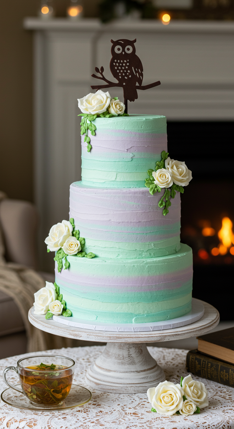 Dreistöckige Torte mit Pastellstreifen, weißen Rosen und Eulen-Topper.