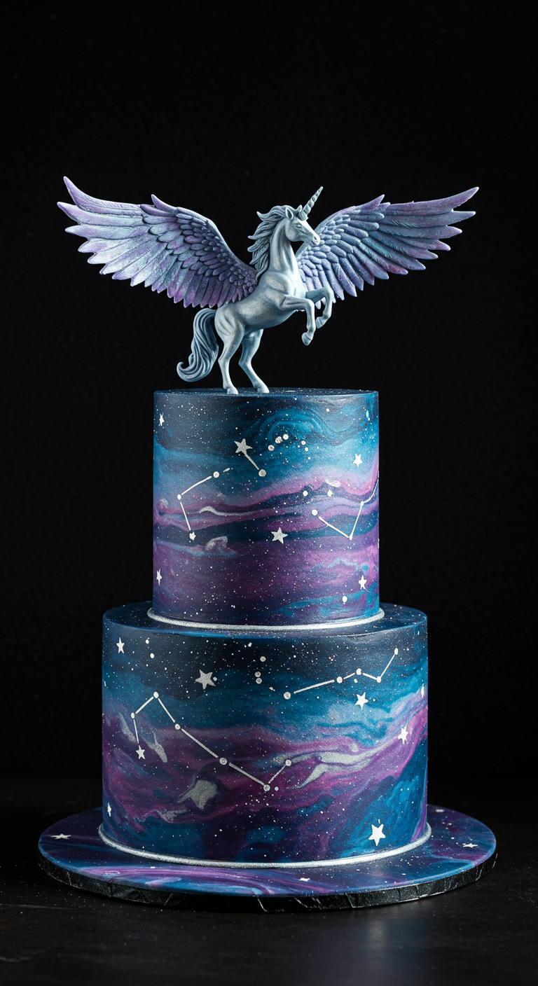 Zweistöckige Galaxie-Torte mit Sternbildern und Pegasus-Figur.