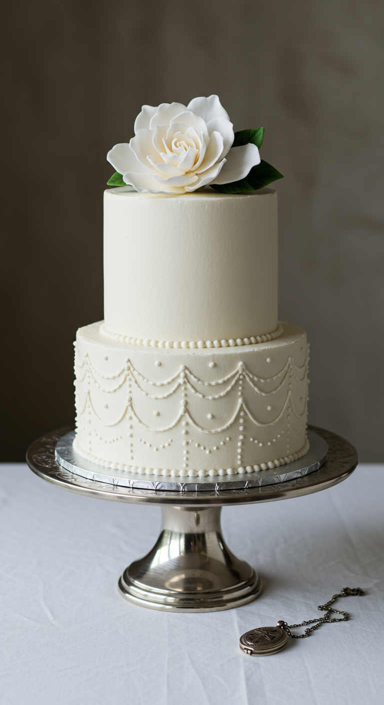 Zweistöckige weiße Torte mit Perlenmuster-Verzierung und weißer Rose.