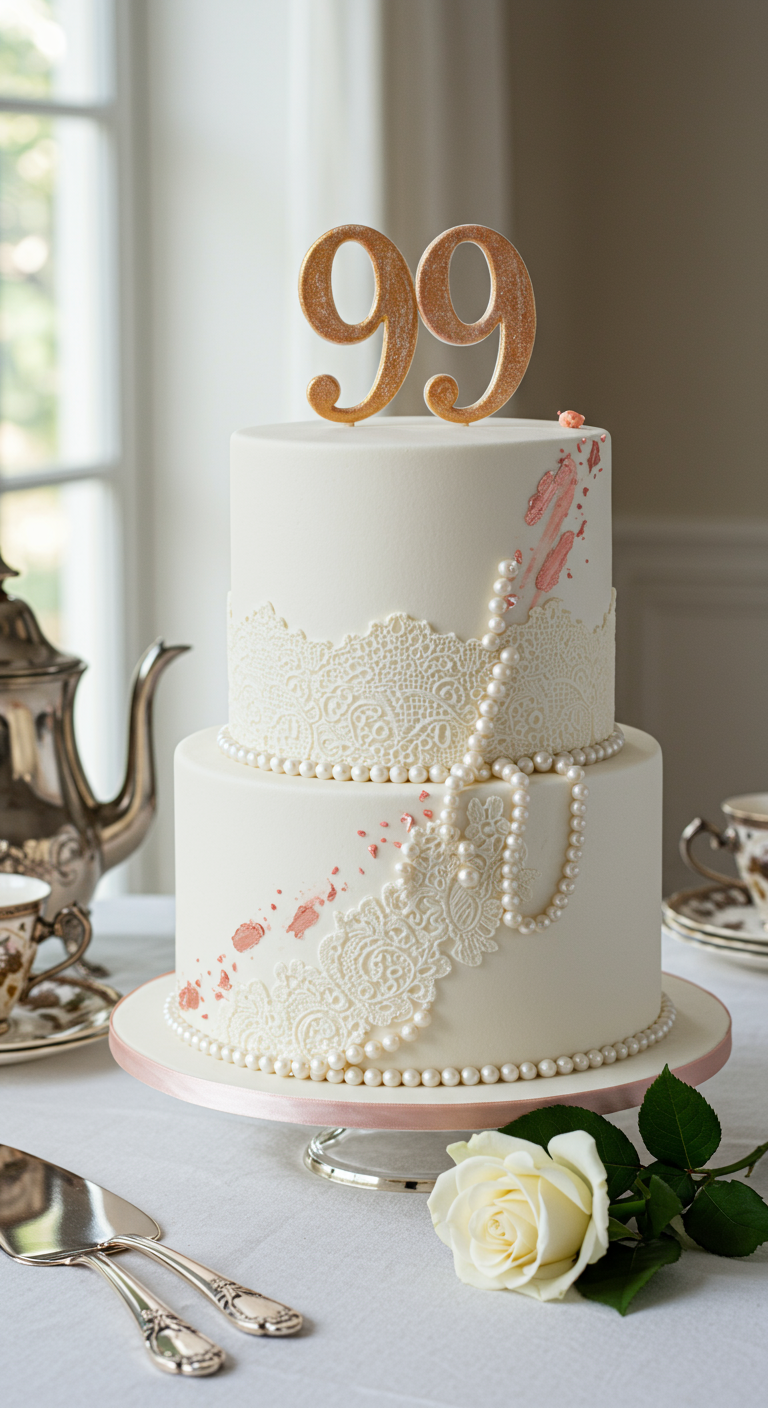 Elegante zweistöckige weiße Torte mit essbarer Spitze und Perlen.