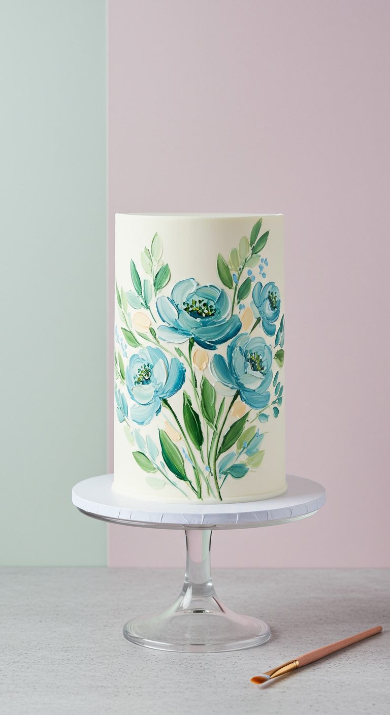 Weiße Torte mit handgemalten blauen Blumen und grünen Blättern.