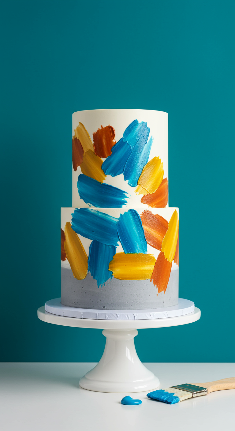 Zweistöckige Torte mit abstrakten Pinselstrichen in Blau, Gelb und Orange auf weißem und grauem Grund.