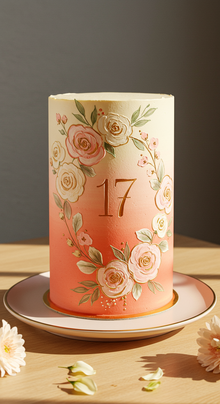 Pfirsichfarbene Ombré-Torte mit gemalten Blumen und goldener Zahl 17.