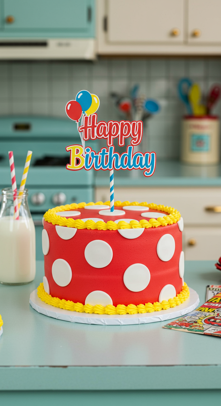Rote Torte mit weißen Punkten, gelbem Rand und buntem Happy Birthday Topper.