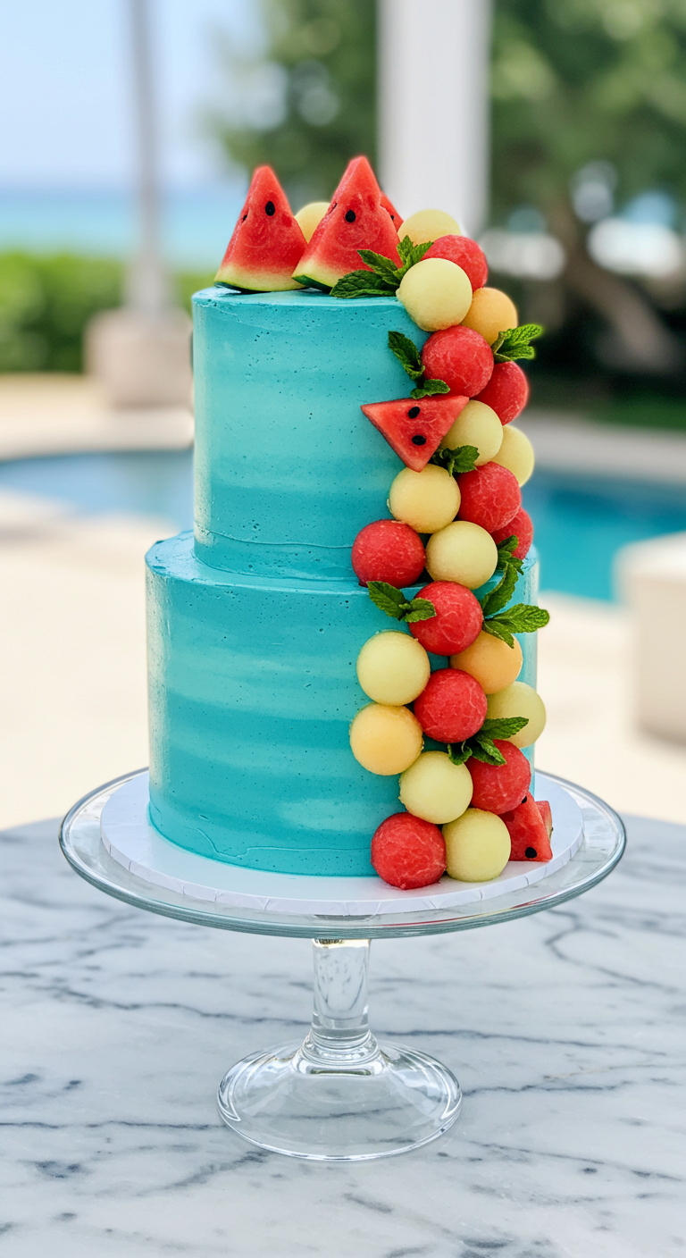 Zweistöckige türkisfarbene Torte, dekoriert mit bunten Melonenbällchen und Minze.