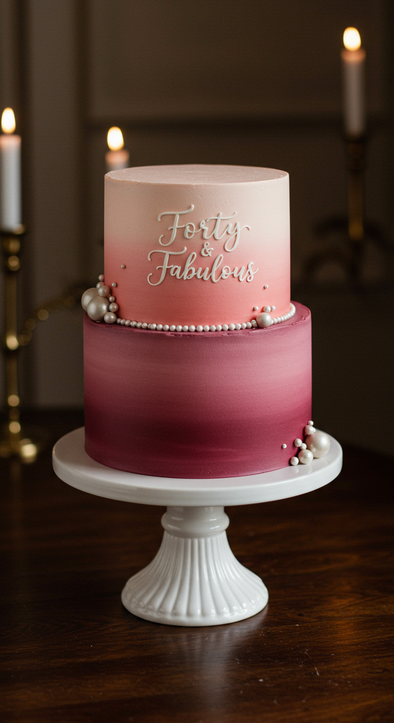 Zweistöckige rosa Ombré-Torte mit Schriftzug und Perlen.