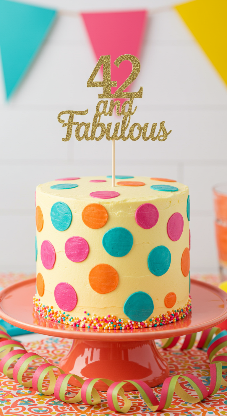 Gelbe Torte mit bunten Punkten, Streuseln und '42 and Fabulous' Topper.