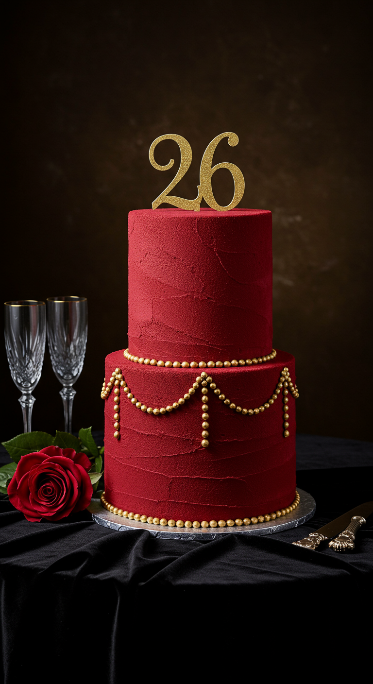 Zweistöckige rote Samt-Torte mit goldenen Perlenketten und Zahl 26.