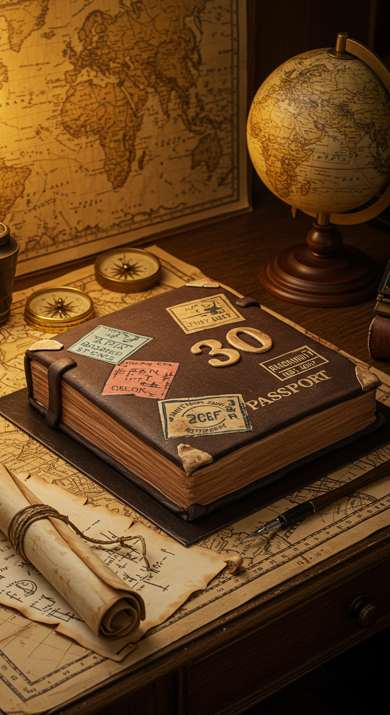 Kuchen in Form eines Reisepasses mit Stempeln und der Zahl 30.